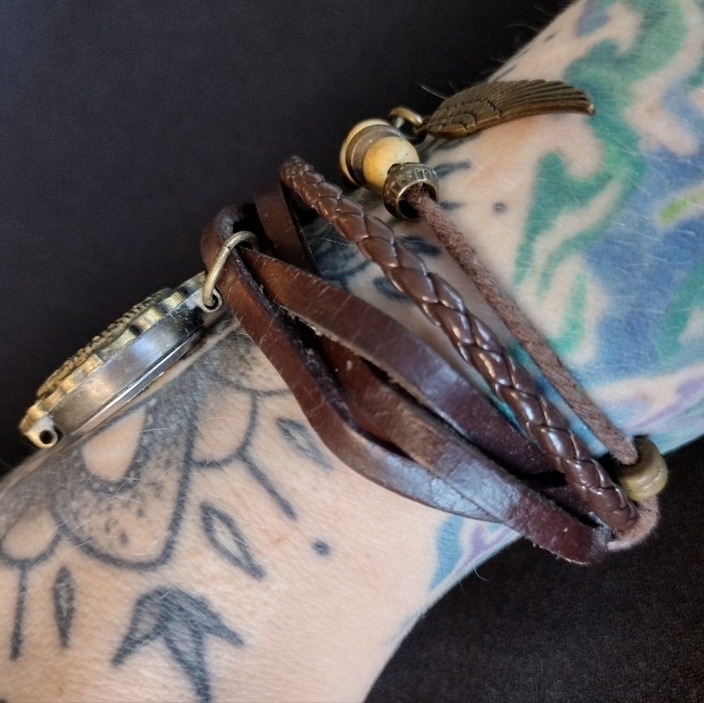 Vintage Boho Beaded Brown Leather Wrap Watch - Picture 2 of 9